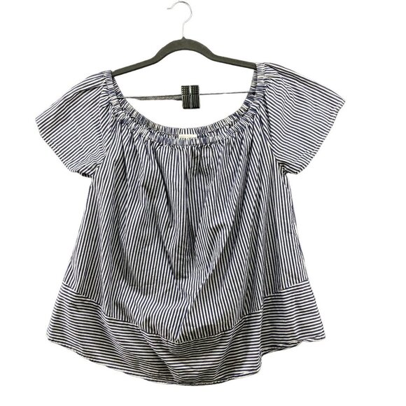 Ava & Viv Short Sleeve Blouse Womens 1X Blue White Stripe Off Shoulder Cotton - Picture 1 of 9